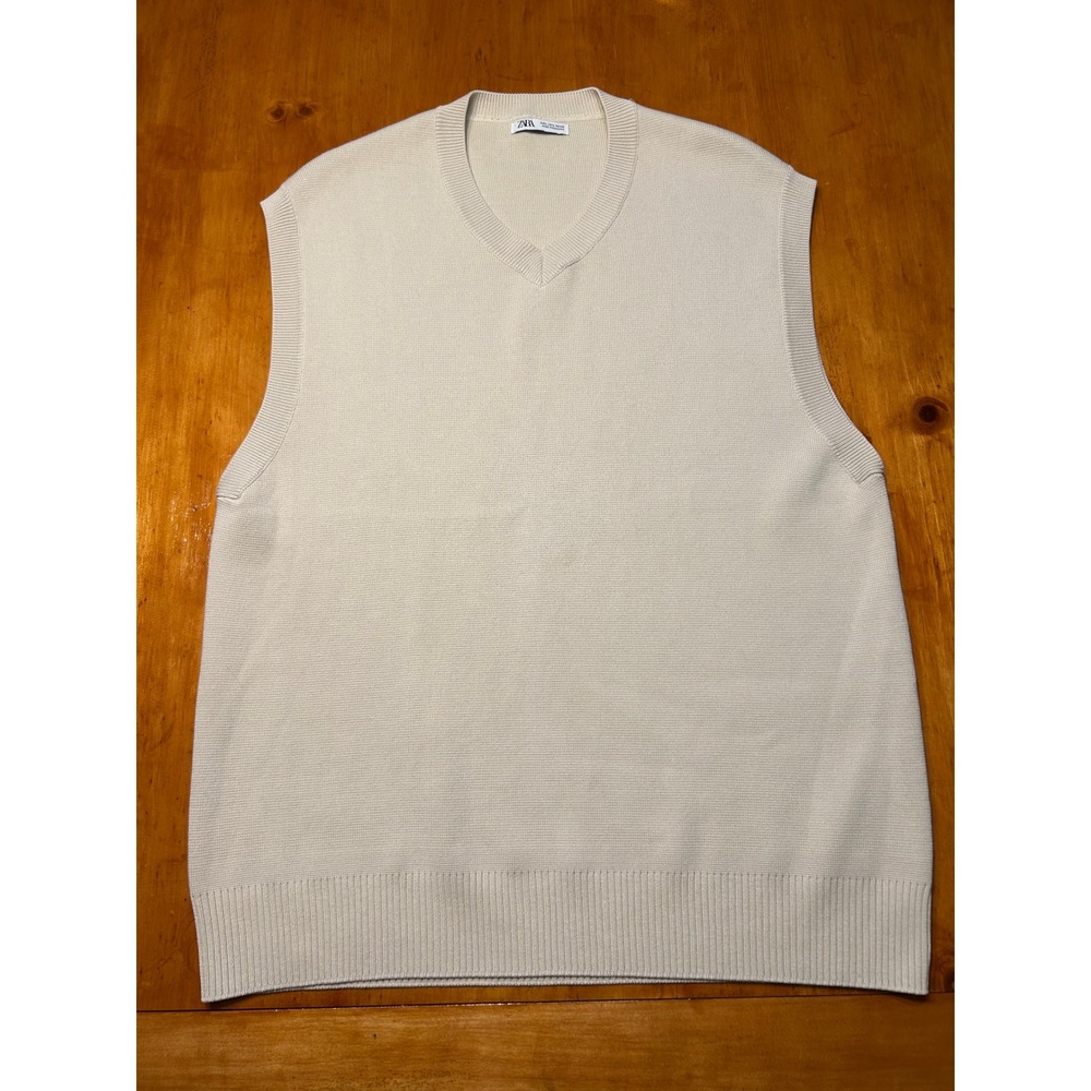 Zara Old Money Preppy Mens Knit Sweater Vest V-Neck Sleeveless Cream Beige Clean - Picture 8 of 9